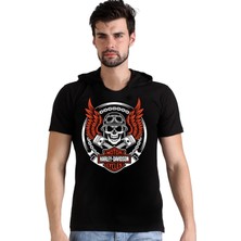 Rock&Roll Motorcu Kurukafa Siyah Kapüşonlu Kısa Kollu Erkek Tişört