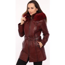Derimont Deri Layla Bordo Kapşon Kürklü Kadın Deri Ceket