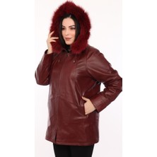 Derimont Deri Sara Bordo Kapşon Kürklü Kadın Deri Ceket