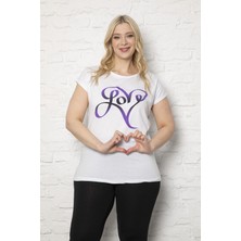 1fazlası Kadın Büyük Beden Love Baskılı T-Shirt