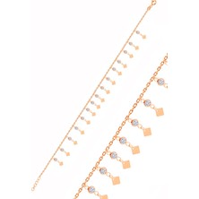 Söğütlü Silver Gümüş Rose Zirkon Taşlı Çift Sıra Dilim Pullu Halhal