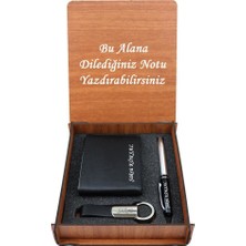 Isme Kişiye Özel Ahşap Kutulu Deri Cüzdan Anahtarlık ve Kalem Set