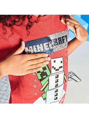 Minecraft Yılbaşı Temalı Çift Yönlü Pullu Minecraft Baskılı  Çocuk T-Shirt