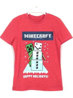 Minecraft Yılbaşı Temalı Çift Yönlü Pullu Minecraft Baskılı  Çocuk T-Shirt