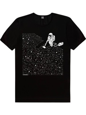Rock&Roll Süpürgeli Astronot Siyah Kısa Kollu Erkek Tişört