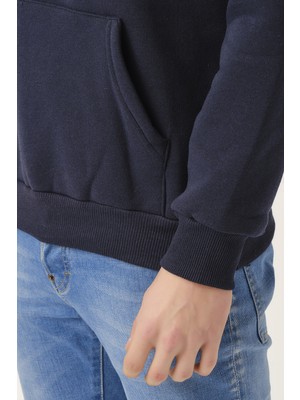 Mascarano Erkek Kalın Lacivert Kapüşonlu Basic Sweatshirt