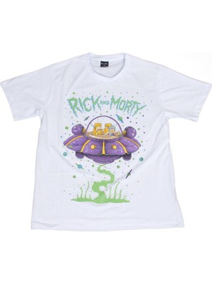 Bunlardan İstiyorum Rick And Morty Spaceship Tişört Beyaz