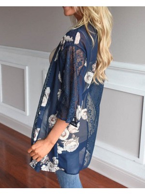 Buyfun Kadın Şifon Çiçek Baskılı Kimono Pareo - XL - Mavi (Yurt Dışından)
