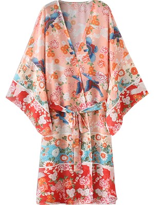 Buyfun Kadın Şifon Kimono Çiçek Baskı Uzun Kollu Pareo - M - Turuncu (Yurt Dışından)
