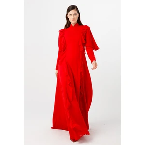 Kırmızı Hafif Balık Kesimli Omuzda Etek Ucunda Taş ve Volan Kombinli Abiye Elbise 40