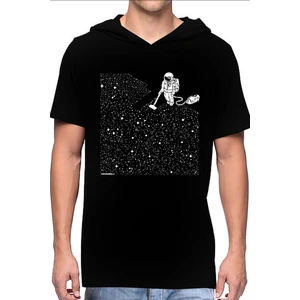 Süpürgeli Astronot Siyah Kapüşonlu Kısa Kollu Erkek Tişört