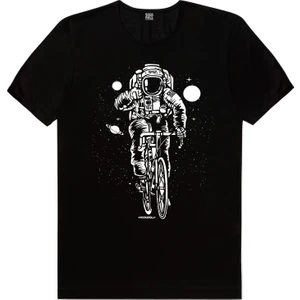 Bisikletli Astronot Siyah Kısa Kollu Erkek Tişört