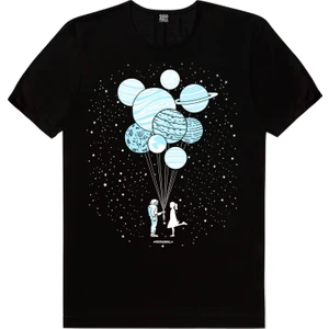 Balon Gezegenler Siyah Kısa Kollu Erkek Tişört