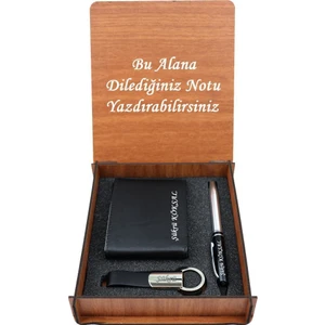 Isme Kişiye Özel Ahşap Kutulu Deri Cüzdan Anahtarlık ve Kalem Set