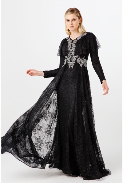 Esswaap Siyah Ön Bel ve Yaka Taşlı Volan Detaylı Şık Abiye Elbise 42