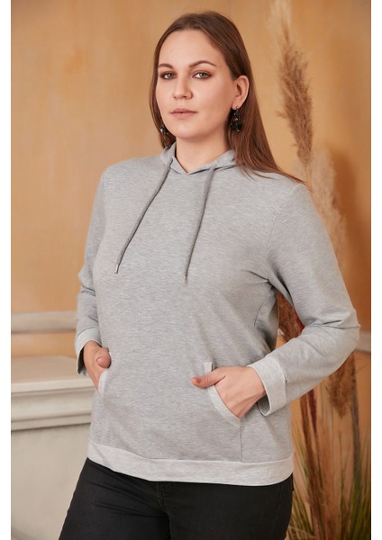 Kapşonlu Büyük Beden Gri Sweatshirt