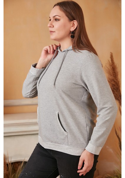 Kapşonlu Büyük Beden Gri Sweatshirt