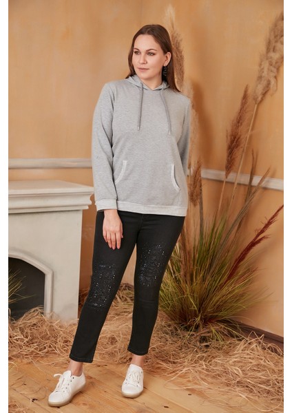 Kapşonlu Büyük Beden Gri Sweatshirt