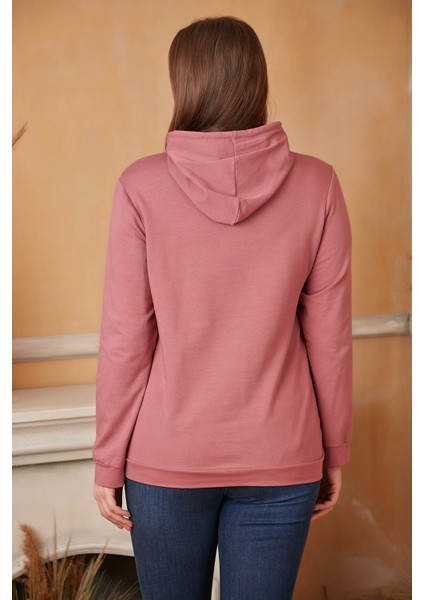 Kapşonlu Büyük Beden Gülkurusu Sweatshirt