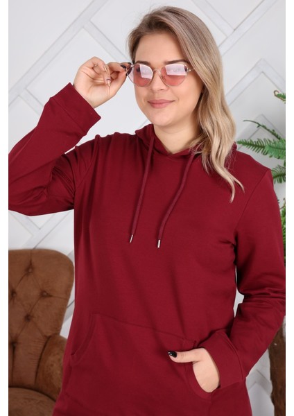Kapşonlu Uzun Büyük Beden Bordo Sweatshirt