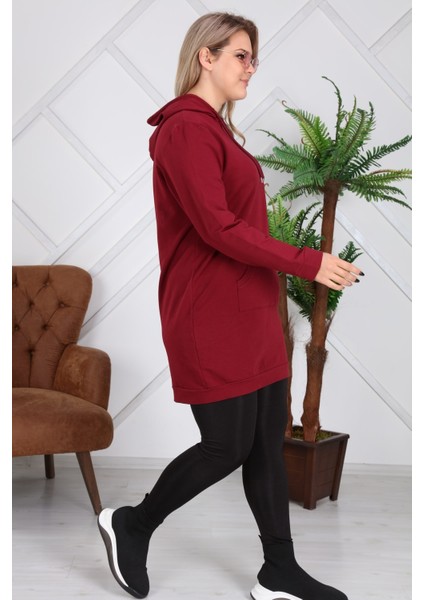Kapşonlu Uzun Büyük Beden Bordo Sweatshirt