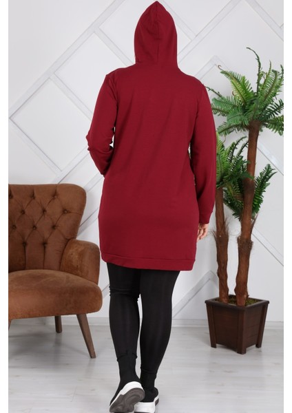 Kapşonlu Uzun Büyük Beden Bordo Sweatshirt