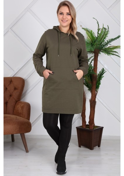 Kapşonlu Uzun Büyük Beden Haki Sweatshirt