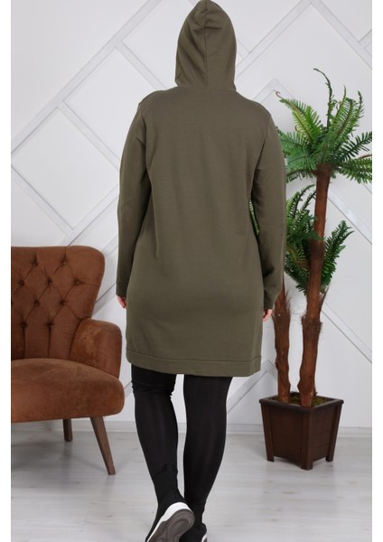 Kapşonlu Uzun Büyük Beden Haki Sweatshirt
