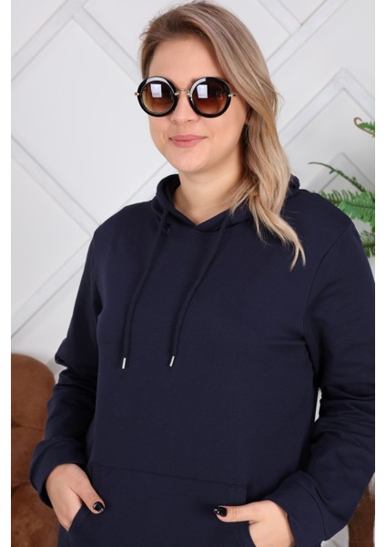 Kapşonlu Uzun Büyük Beden Lacivert Sweatshirt
