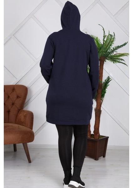 Kapşonlu Uzun Büyük Beden Lacivert Sweatshirt