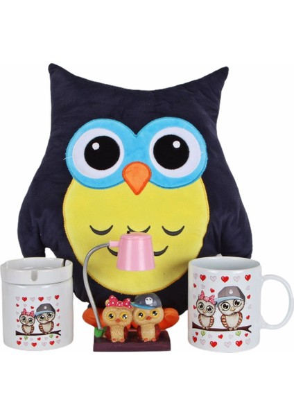 Baykuş Tasarımlı Yastık Best Friends Işıklı Biblo Baykuş Küllük Kupa Sevgiliye Hediye Seti