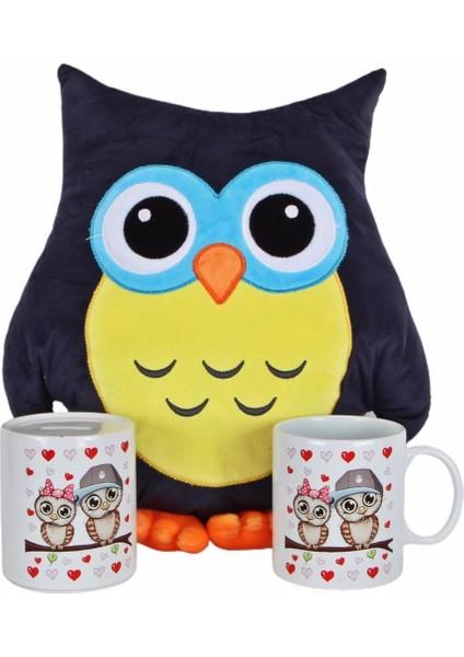 Baykuş Tasarımlı Yastık Best Friends Baykuş Kumbara ve Kupa Arkadaşa Hediye Seti