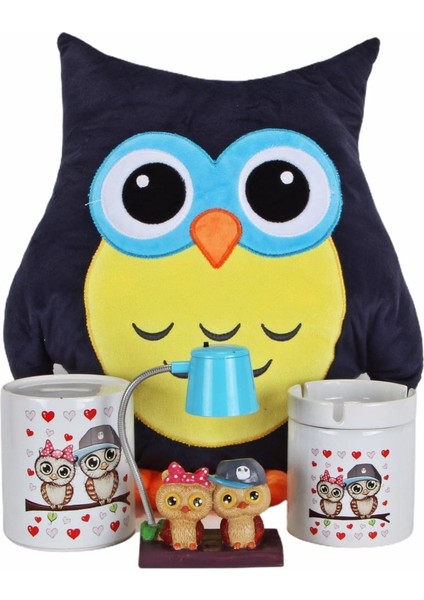 Baykuş Tasarımlı Yastık Best Friends Işıklı Biblo Baykuş Küllük Kumbara Arkadaşa Hediye Seti