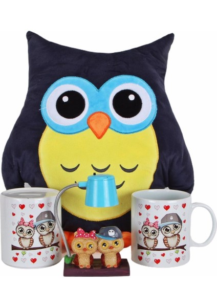 Baykuş Tasarımlı Yastık Best Friends Işıklı Biblo Baykuş Kupa Kumbara Arkadaşa Hediye Seti