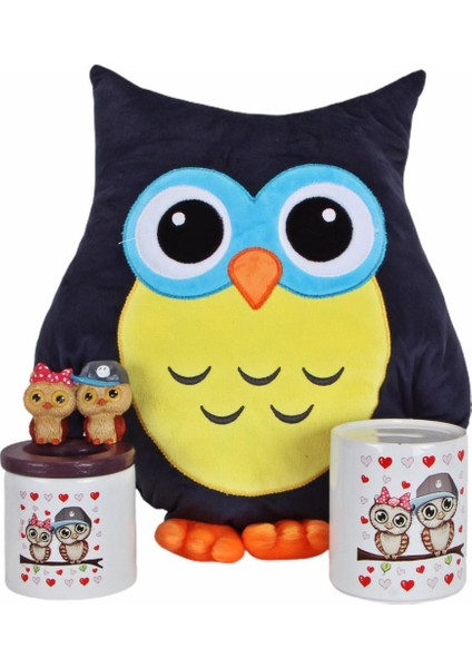 Baykuş Tasarımlı Yastık Best Friends Baykuş Kalemlik ve Kumbara Arkadaşa Hediye Seti