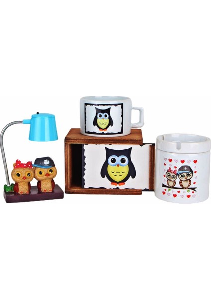 Best Friends Baykuş Tasarımlı Işıklı Biblo Masa Lambası Baykuş Kutulu Kupa Küllük Hediye Seti