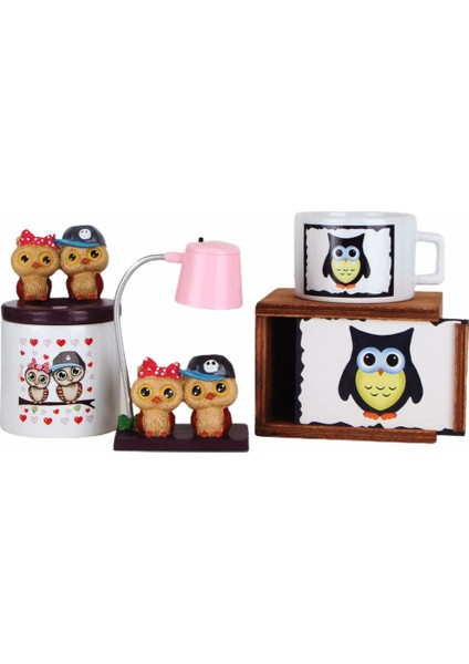 Best Friends Baykuş Biblolu Kalemlik Baykuş Işıklı Biblo Masa Lambası Kutulu Kupa Hediye Seti