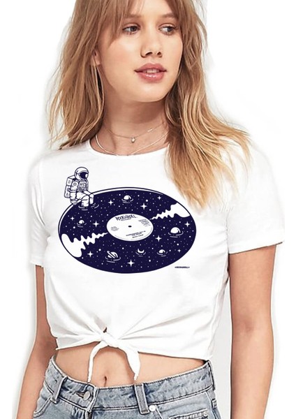 45LIK Uzay Beyaz Kesik Crop Top Bağlı Kadın T-Shirt
