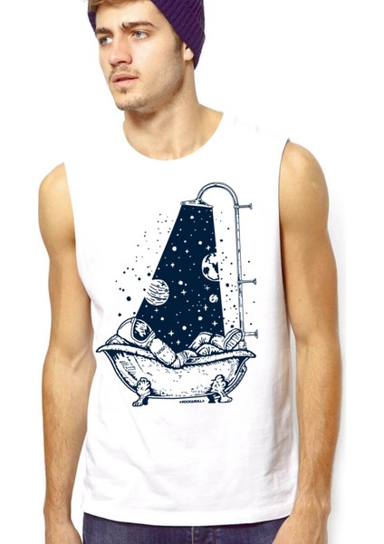 Astro Duş Beyaz Kesik Kol | Kolsuz Erkek T-Shirt | Atlet