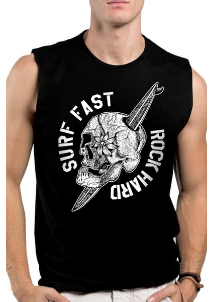 Sörf Kurukafa Siyah Kesik Kol | Kolsuz Erkek T-Shirt | Atlet
