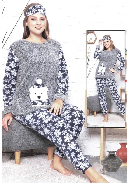 | Kadın Welsoft Polar Pijama Takımı Uzun Kol Uyku Bantlı