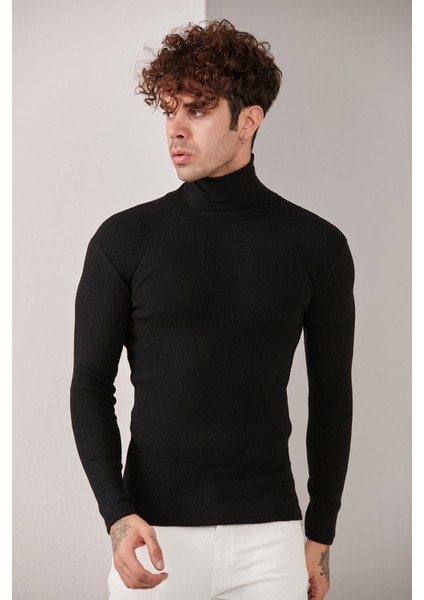 Erkek Siyah Lycra Boğazlı Triko Kazak