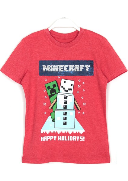 Yılbaşı Temalı Çift Yönlü Pullu Minecraft Baskılı Çocuk T-Shirt