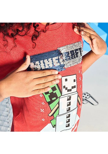 Yılbaşı Temalı Çift Yönlü Pullu Minecraft Baskılı Çocuk T-Shirt