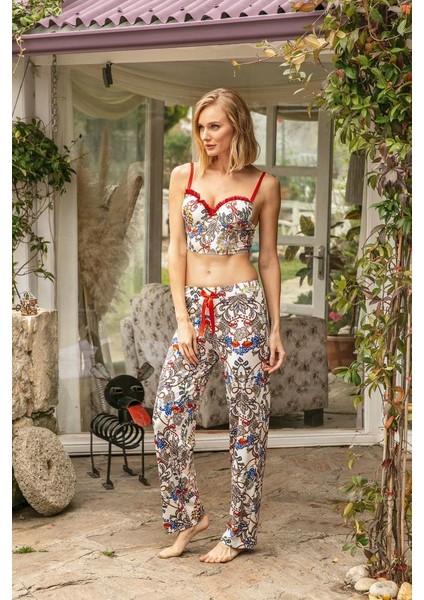 4159 Kadın Çiçekli Viskon Push Up Büstiyer Pijama Takım