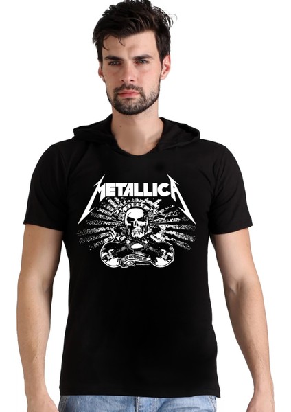 Metallica Kurukafa Siyah Kapüşonlu Kısa Kollu Erkek Tişört