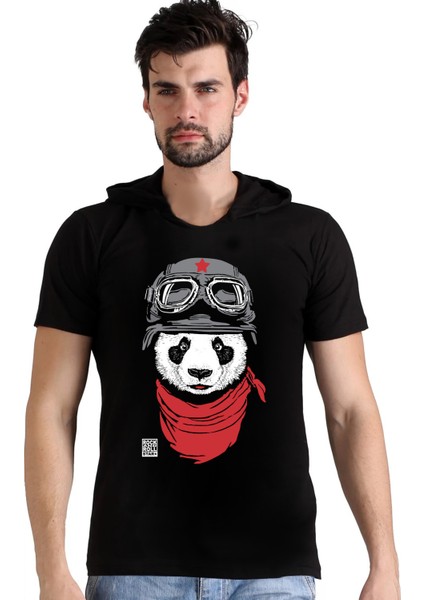 Bandanalı Panda Siyah Kapüşonlu Kısa Kollu Erkek Tişört