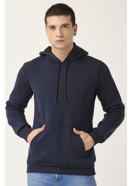 Erkek Kalın Lacivert Kapüşonlu Basic Sweatshirt