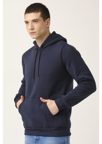 Erkek Kalın Lacivert Kapüşonlu Basic Sweatshirt