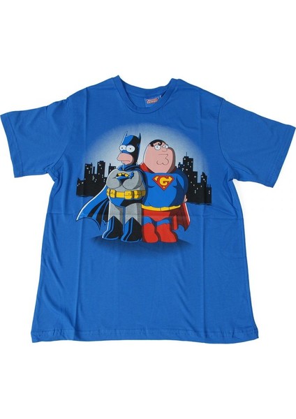Batman And Superman (Homer And Peter) Tişört Mavi